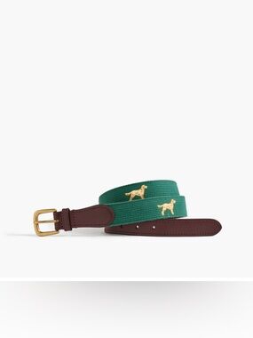 J. Crew Factory Green Web Belt with Brown Leather Trim & Gold Dog Embroidery